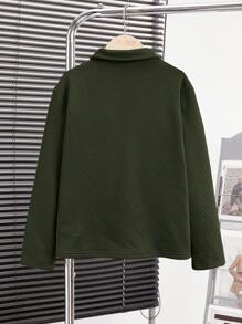 SHEIN Leap Crew Tweenboy Casual Textured Ribbed Fabric Polo Collar Long Sleeve Polo Top, Suitable For Spring, Autumn, Travel, School - Army Green - View 2