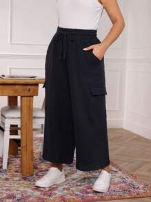 SHEIN LUNE Plus Size Women Linen Solid Color Wide Leg Cargo Pants Summer For Women Spring For Women Black Pants Boho Old Money Cotton - Black - View 5