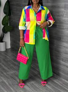 Slaydiva Plus Size Casual Elegant Colorful Plaid Long Sleeve Shirt And High Waist Yellow Straight Wide Leg Pants 2 Pieces Set, Autumn/Winter