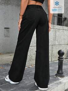 SHEIN Frenchy Coolmax Women's Solid Color Front Button Pocket Distressed Casual Denim Jeans - Black - View 2