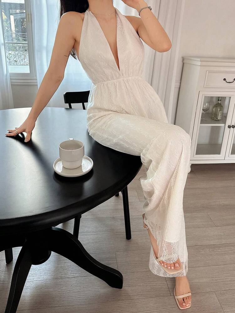 Elegant Women's Contrast Lace V-Neck Loose Jumpsuit, Spring/Summer Cruise Women Outfits Women Jumpsuits, Beach Outfits Jumpsuit For Women