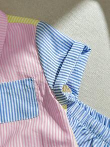 SHEIN 2pcs/Set Baby Boy Contrast Color Striped Decor Pocket Front Collar Short Sleeve Shirt & Shorts Set - Blue - View 3