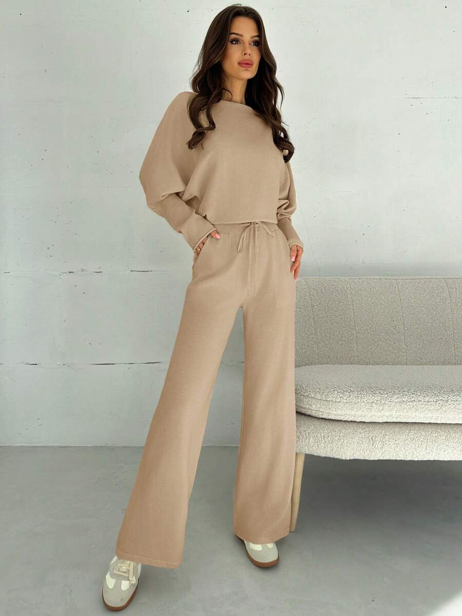 Firerie 2pcs Women Autumn/Winter Casual Slouch Shoulder Knit Pullover Sweater & High Waist Drawstring Pocket Sweatpants Knitted Two-Piece Set - Camel - View 1