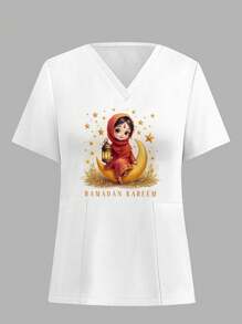 PopScrub Vrouwen V-hals korte mouw dubbele zak top met meisje met lantaarn, ster, maan, ramadan, verpleegster scrub uniform top print
