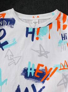 SHEIN Tween Boy Street Style Full-Width Print T-Shirt & Shorts Set - White - View 3