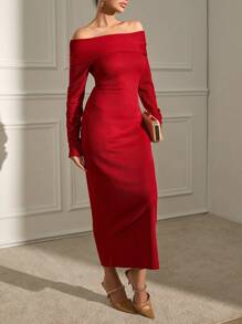 SHEIN Robe longue côtelée brillante à épaules Bardot