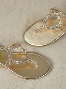 SHUZIA Dép xỏ ngón đính đá Rhinestone dành cho nữ, Giày đế bằng mũi tròn quyến rũ màu vàng - Vàng - Xem 4