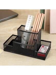 1 Pack Desk Organizer Desktop Mesh Pen Pencil Holder Caddy With 4 Compartments, Office Home School Classroom Accessories Cool Supplies Black Back To School