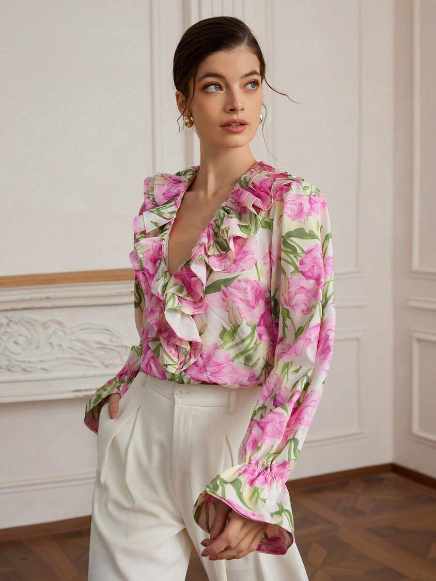 Threaded Pear Aria Boho Pattern Ruffled Sleeve V Neck Buttoned Blouse