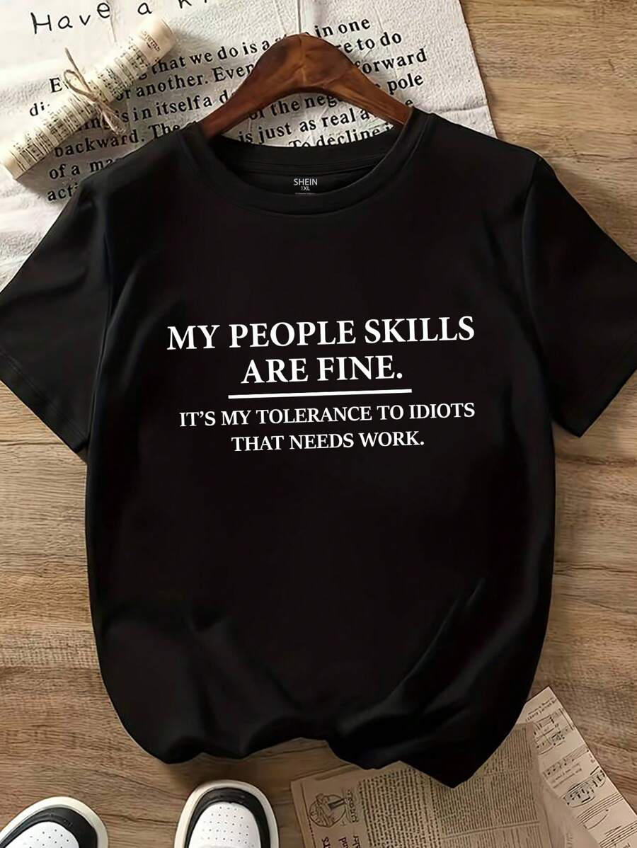 Flirla Plus Size Women's Tops Letter Slogan 'MY PEOPLE SKILLS ARE FINE.' Round Neck Graphic T-Shirt, For Summer - Black - View 1