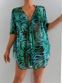 Swim Lushoire Summer Women's Tropical Plant Print Front & Mid Design Ring Embedded Smock - Multicolor - View 1