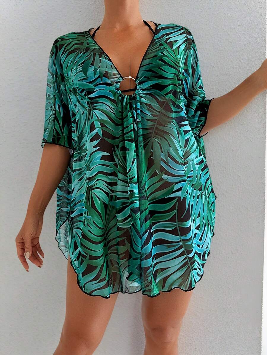 Swim Lushoire Summer Women's Tropical Plant Print Front & Mid Design Ring Embedded Smock - Multicolor - View 1