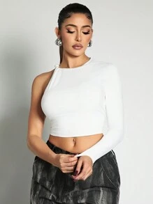 Zolique Top ajustado casual de una sola manga de unicolor para mujer, para uso diario - Blanco - Ver 3