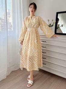 DAZY Bata con mangas de farol con estampado geométrico, vestido de verano ceñido a la cintura para mujer, primavera/verano