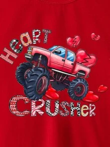 Toddler Boys' Casual Creative Small Red Heart Car Plaid Letter Print Short Sleeve Basic Round Neck T-Shirt