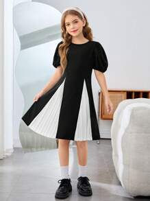 Vestido modesto sin mangas de niña preadolescente con bloqueo de color y parches elegantes