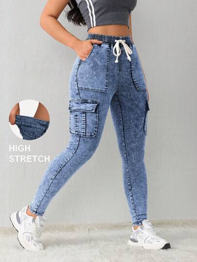 SHEIN Tall Jeans ajustados de mujer con bolsillo cargo, jeans negros, jeans de invierno, jeans de denim, mono de denim, pantalón deportivo para mujer, leggings, jeans negros, ropa deportiva