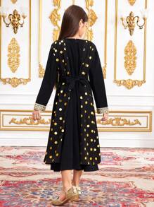 Tween 女童优雅奢华金色几何印花拼接喇叭袖荷叶边喇叭下摆中长连衣裙