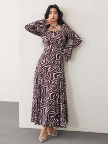 Modelyn 女士优雅花卉斑马条纹动物印花及地荷叶边下摆长袖连衣裙 - 彩色 - 查看 5