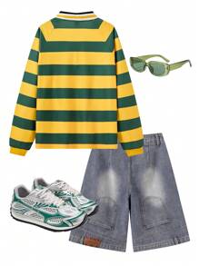 SHEIN EZwear Women's Couple Costumes Sportswear Stripe Lace Up Lapel Heartie Sweatshirt