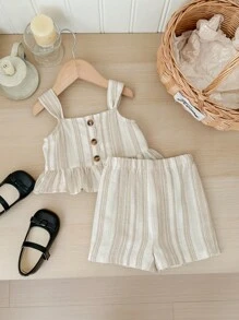 SHEIN LMoss Kids LMoss 女婴可爱条纹背心和短裤套装，夏季假期 - 杏色 - 查看 4