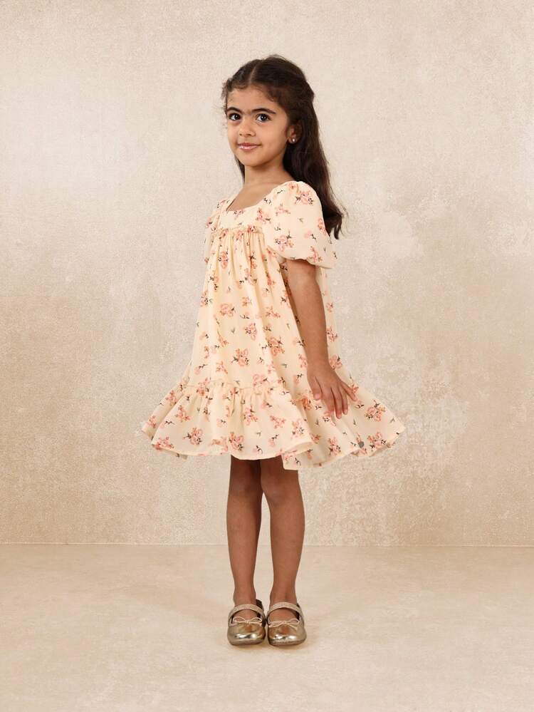 Puffärmel Quadratischer Ausschnitt Empire Taille Blumenkleid für junge Mädchen