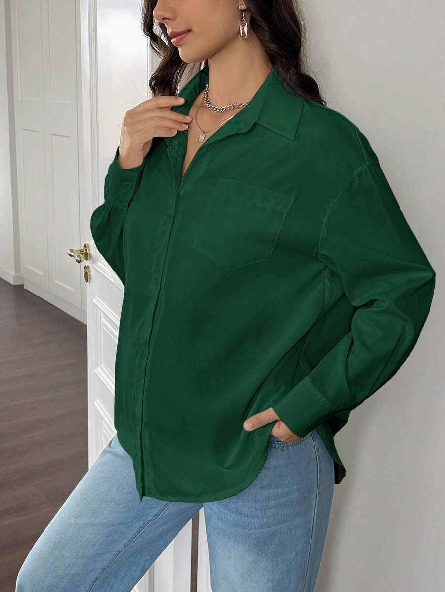 SHEIN Maternity Plain Drop Shoulder Long Sleeve Single-Breasted Casual Pocket Shirt - Green - View 1