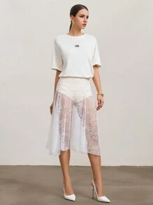SHEIN Unity Mid-Calf Length Solid Color Contrast Lace Stylish Women Skirt - White - View 3