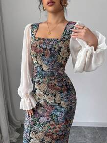 Modelyn Women's Multi-Color Patchwork Print Chiffon Square Neck Waistline Bodycon Long Sleeve A-Line Dress, Elegant