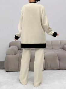 EURMUSE 2pcs/Set Women Contrast Trim Cardigan And Knitted Long Pants Outfit