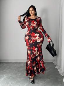 Flirla Women's Elegant Black And White Rose,Heart,Polka Dot,Love,Lip,Cupid 3D Flower Print Ruffle Hem Cinched Waist Long Sleeve Dress,Autumn Party - Black - View 6