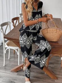 Breezaya 波西米亚风格度假无袖短款上衣和裤子两件套女装 - 黑色 - 查看 4