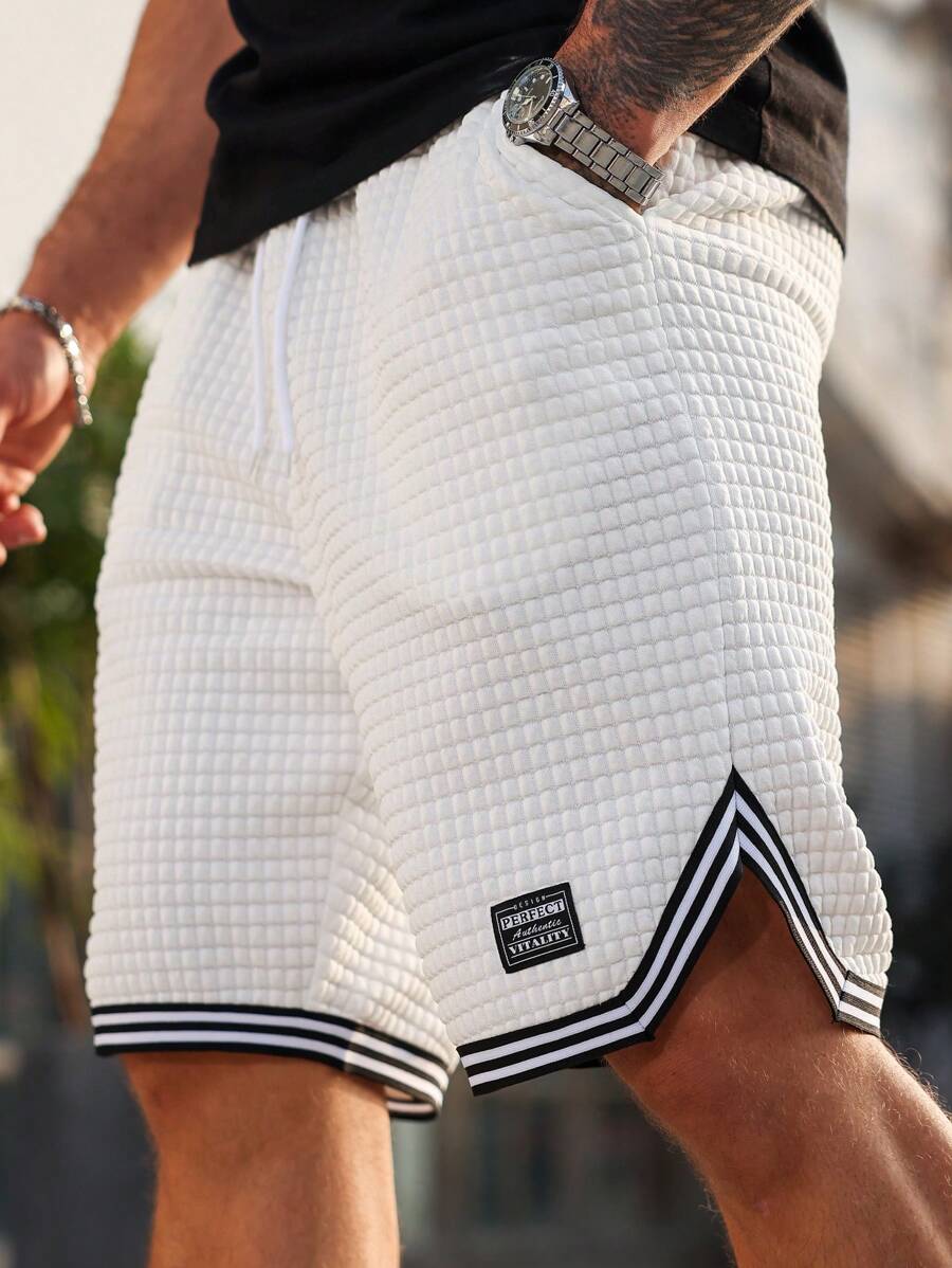 Manfinity Homme Plus Size Men's Striped Print Patch Pocket Drawstring Shorts - White - View 1