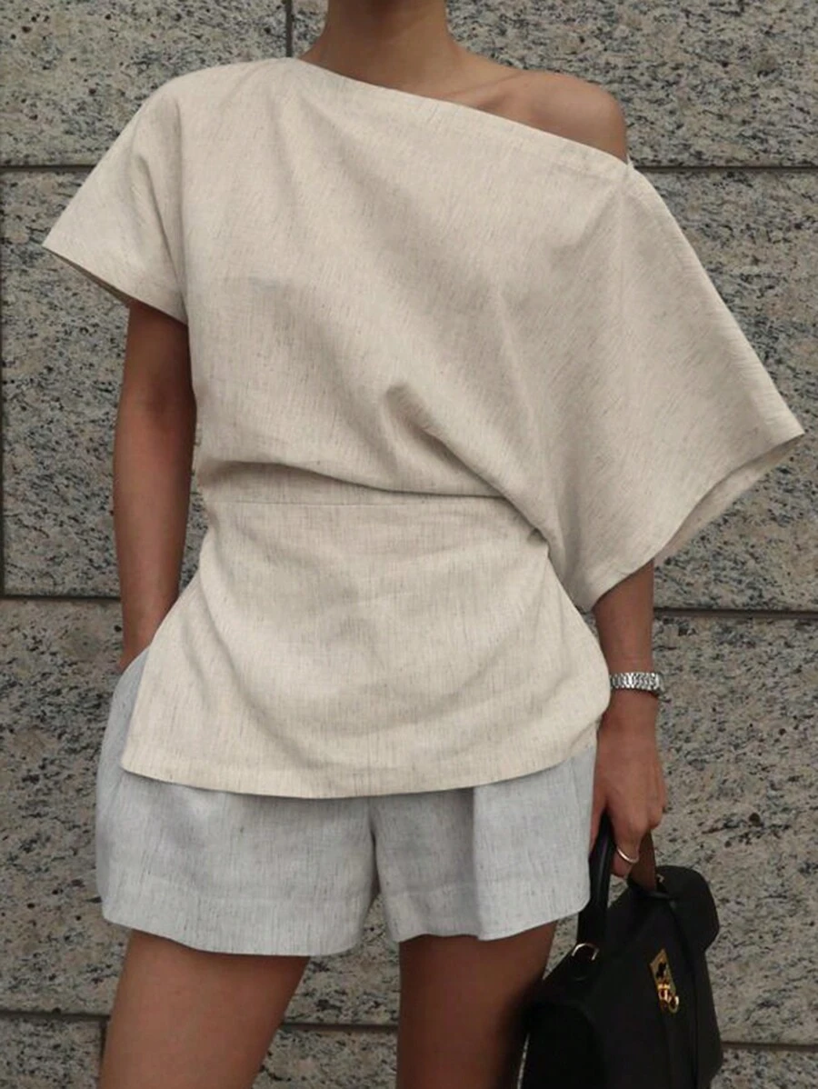 DAZY Áo sơ mi nữ tay ngắn hở vai đơn giản, trang phục thường ngày vải lanh Y2k - Màu be - Xem 1