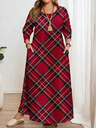 Mellowie Vestido plus size casual minimalista com estampa total, manga longa e gola redonda.