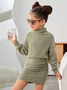 Young Girl Knitted Solid Color Fashionable Elegant Stand Collar Fitted Casual Dress