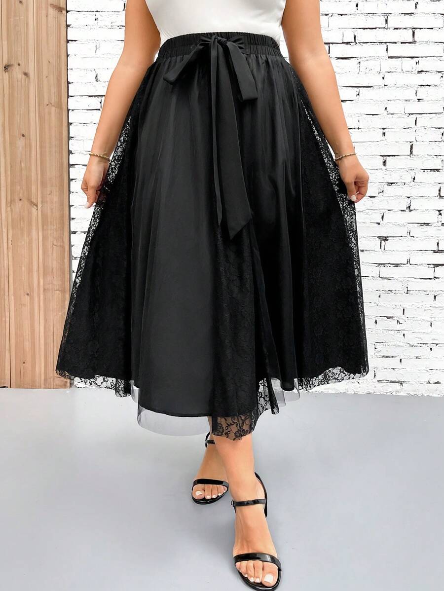 SHEIN Clasi 大码女式优雅休闲混合面料拼布百褶裙 - 黑色 - 查看 1