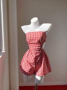 Comfortcana Mono informal con cuello de halter a cuadros para mujer - Rojo - Ver 4