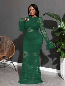 Slaydiva Women Solid Color Lace Elegant See-Through Dress - Green - View 5