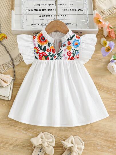 SHEIN Leap Crew Young Girl Ditsy Floral Ruffle Trim Leisure Blouse