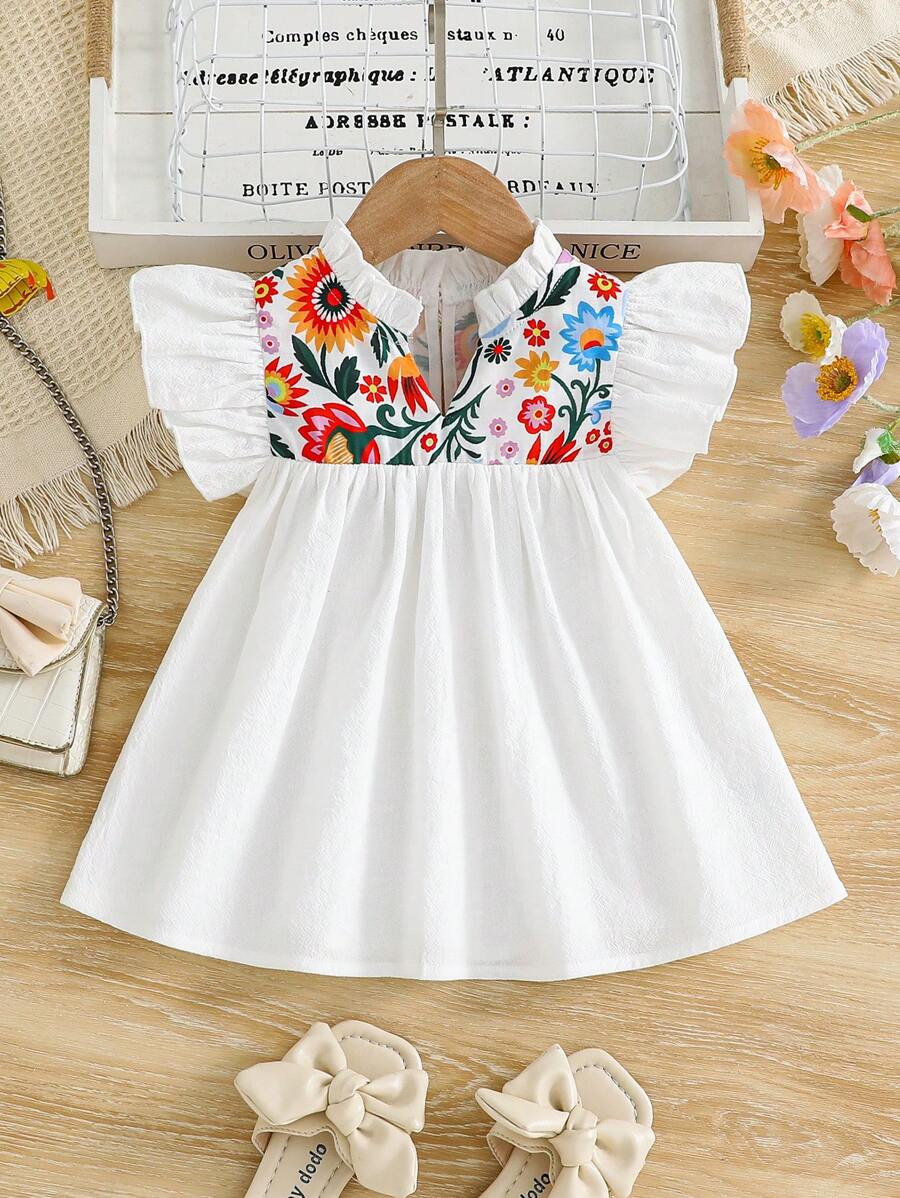 SHEIN Leap Crew Young Girl Ditsy Floral Ruffle Trim Leisure Blouse - White - View 1