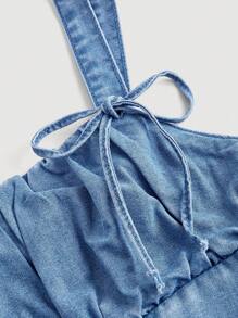 SHEIN MOD Women's Solid Color Bow Strap Asymmetric Denim Double Layered Dress, Bow Dresses, Homecoming Dresses, Fall Women Dresses, Clothes, Christmas Dress, Date Night Dress, Blue Women Dresses - Light Wash - View 3