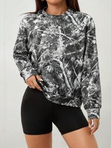 SHEIN PETITE 复古迷彩 Branch Street 休闲简约图案印花圆领宽松长袖女式运动衫 - 黑色 - 查看 6