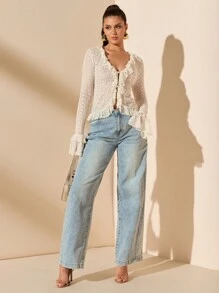 SHEIN BAE Áo cánh ren đơn giản buộc dây tay dài viền bèo nhún màu mơ gợi cảm ngọt ngào cho nữ, thích hợp cho mùa xuân, mùa hè, ngày lễ tình nhân, tiệc tùng, hẹn hò, phù dâu, đi làm hàng ngày, sinh nhật - Màu be - Xem 6
