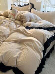 3pcs Khaki Ultra Soft & Skin-Friendly Floral Lace Duvet Cover Set, 1 Duvet Cover And 2 Pillow Covers, Washable, Without Filler - Khaki - View 6