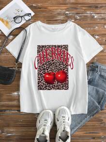 Calvaya Plus Size Dames Ronde Hals Korte Mouw Kersenprint Casual T-shirt Grafische Cheetah Print Tees Dames Tops, Voor De Zomer
