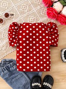 年轻女孩针织圆点方领休闲贴身 T 恤 - 紅色 - 查看 3