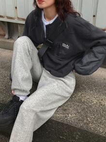 FRIFUL 女士宽松字母图案落肩长袖口袋细节运动衫