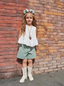 SHEIN Young Girls 2025 Spring/Summer New Arrival, Solid Color Ruffle Hem Sleeveless Top And Light Green Shorts 2 Pieces Set, Suitable For Everyday Wear, Outings And Social Events