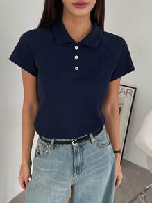 DAZY 女士纯色休闲前扣 Polo 领修身短袖 T 恤，商务休闲女装 - 藏蓝色 - 查看 2